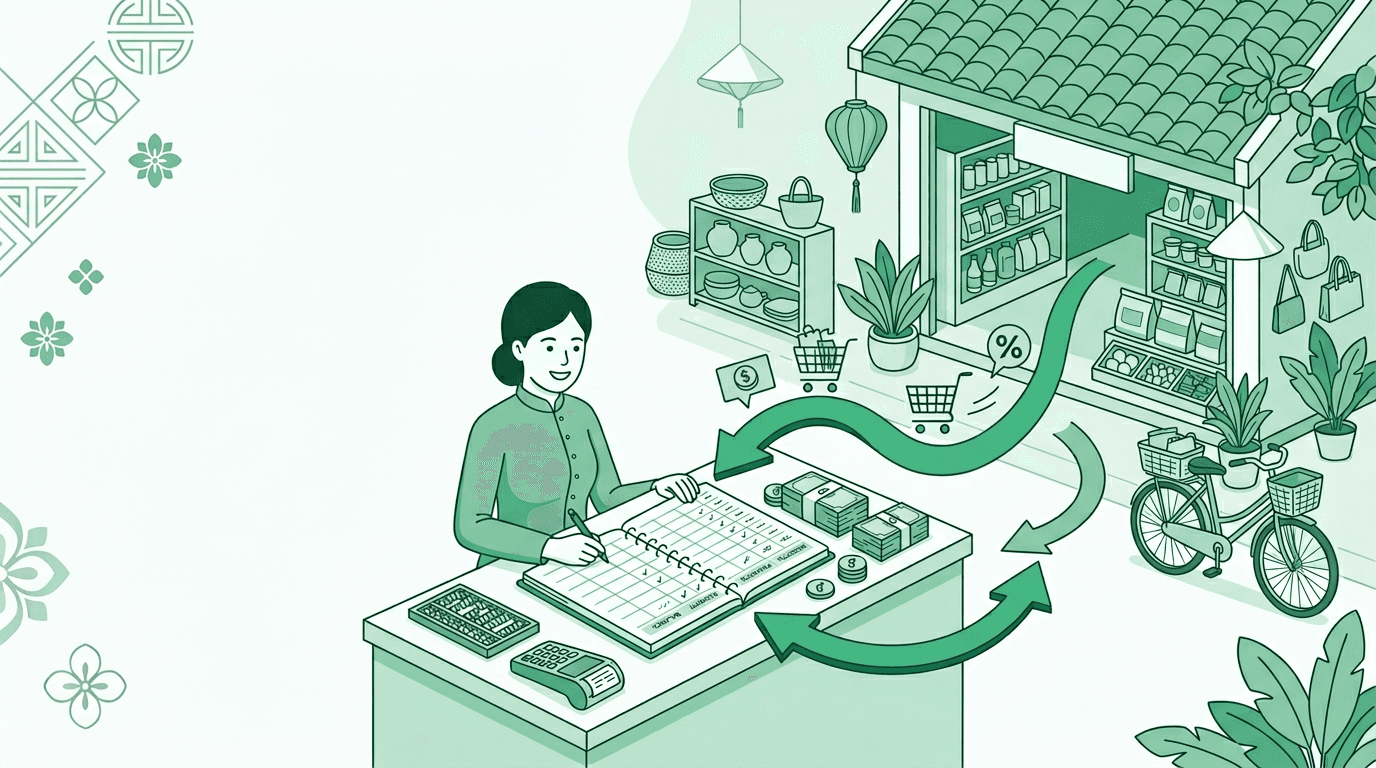 Ảnh bìa blog: sổ nợ, dòng tiền và cửa hàng nhỏ — minh họa cho bài quản lý công nợ